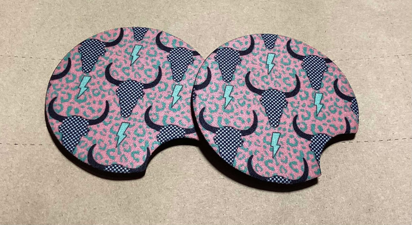BULLSKULLS AND TURQUOISE BOLTS CAR COASTERS