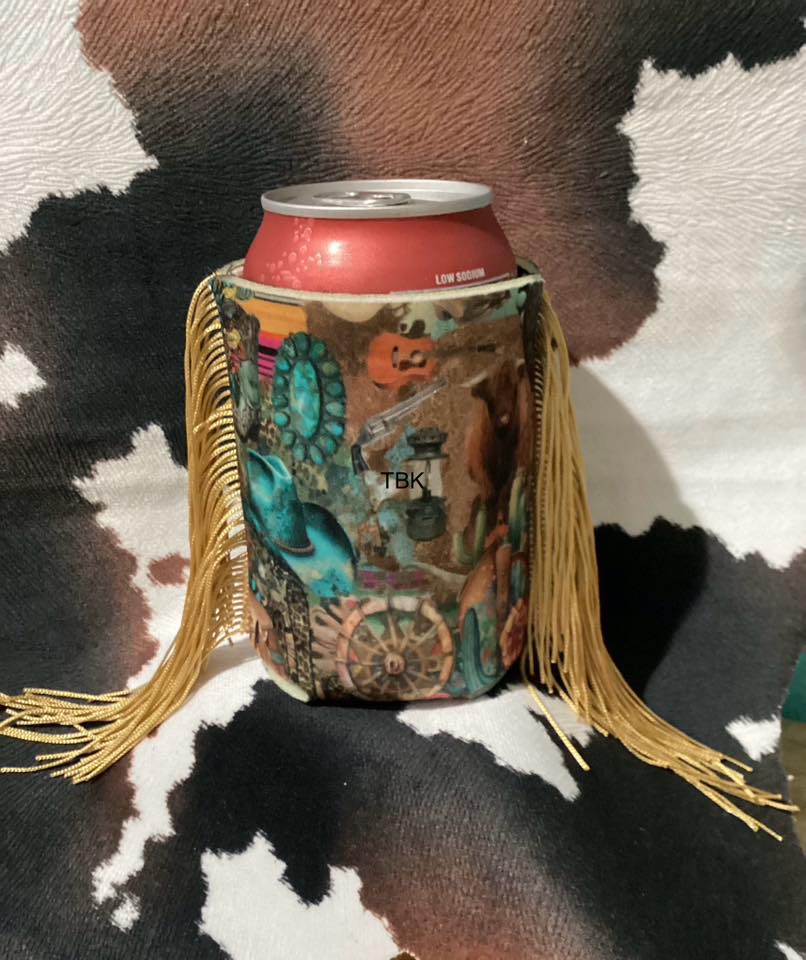 HIGHLAND COWS AND TURQUIOSE FRINGED KOOZIE