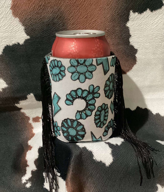TURQUIOSE SQUASH BLOSSOM FRINGED KOOZIE
