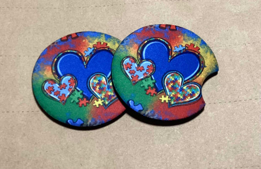 AUTISM AWARENESS HEARTS CAR COASTERS