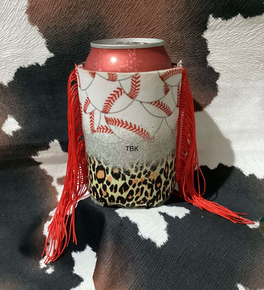 BASEBALL CHEETAH FRINGED KOOZIE