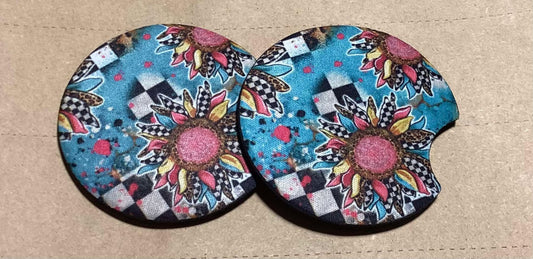 CHECKERED SUNFLOWER CAR COASTERS
