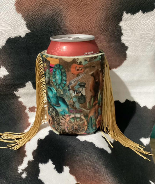 HIGHLAND COWS AND TURQUIOSE FRINGED KOOZIE