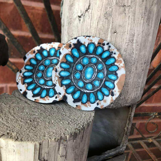 COWHIDE SQUASH BLOSSOM  CAR COASTER SET