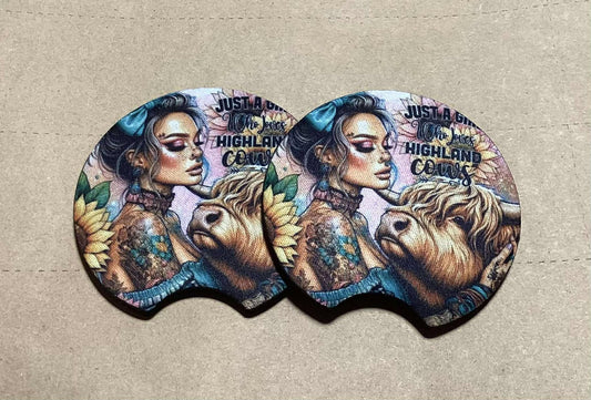 LOVES HIGHLAND COWS CAR COASTER SET