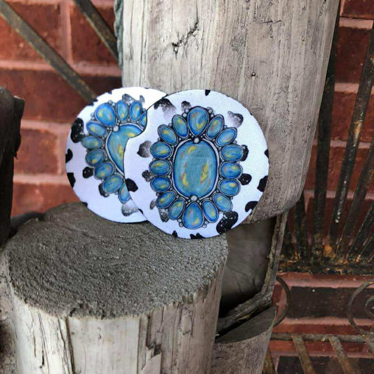 COWPRINT SQUASH BLOSSOM CAR COASTER SET