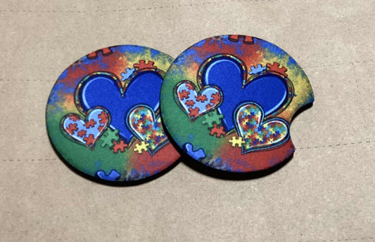 AUTISM AWARENESS HEARTS  CAR COASTER SET